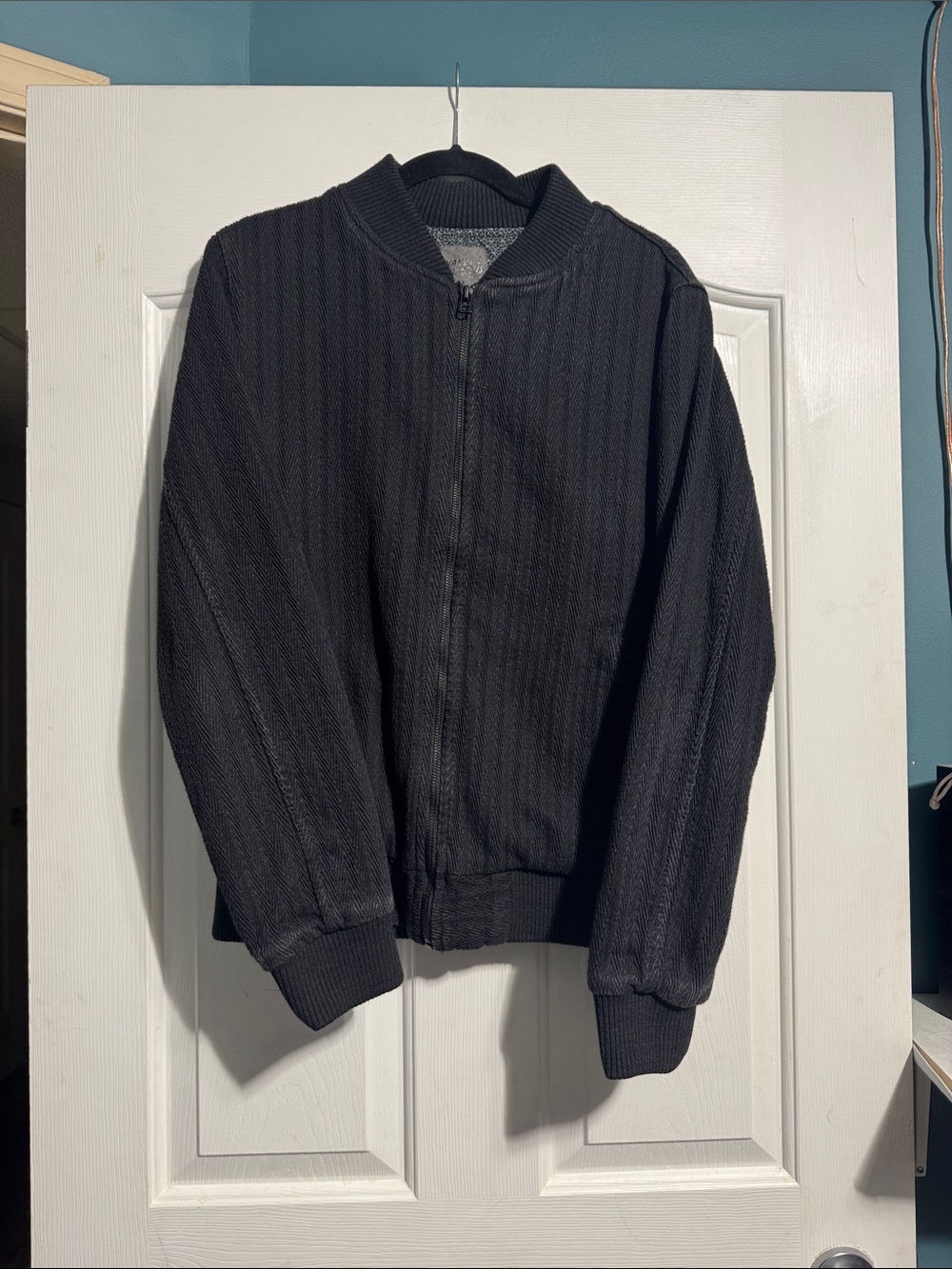 Naked & Famous Denim Black Herringbone Bomber Jacket Medium Geometric Lining
